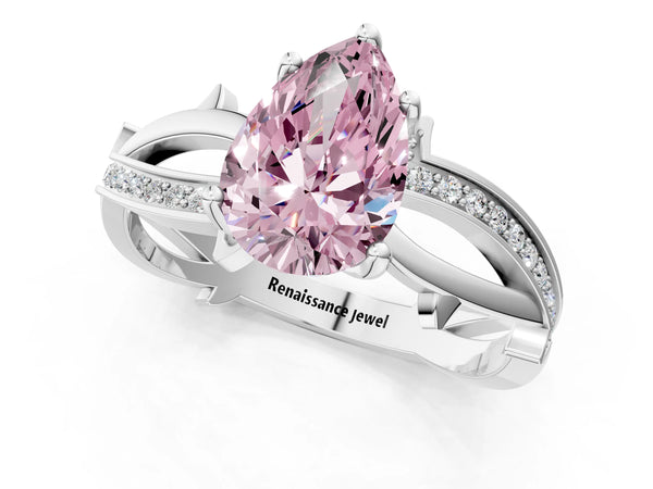 Platinum Fancy Pink Pear  Solitaire Twist Band with Pavé Accents and Four-Prong Setting