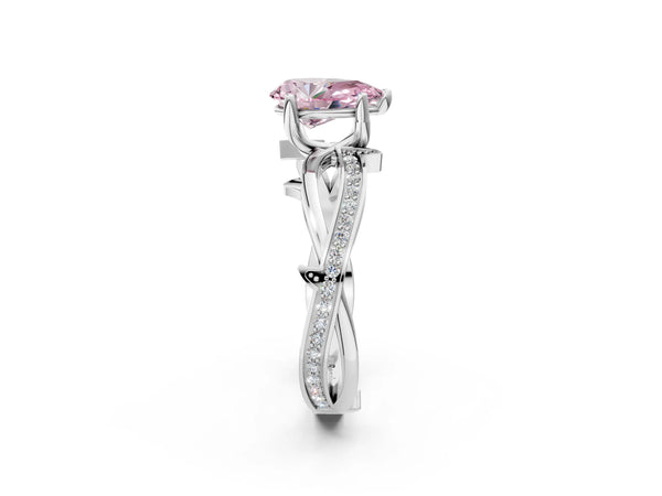 Platinum Fancy Pink Pear  Solitaire Twist Band with Pavé Accents and Four-Prong Setting