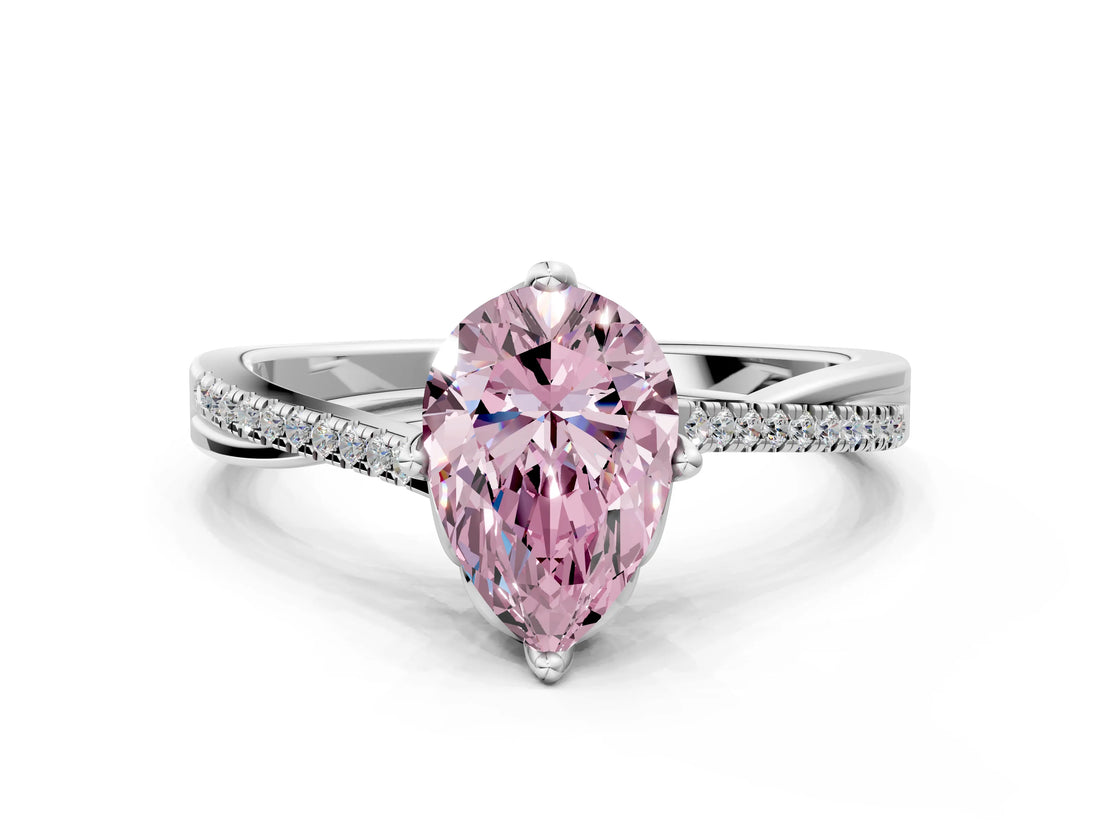 White gold Fancy Pink Pear  Solitaire Twist Band with Pavé Diamonds and Four-Prong Setting_65