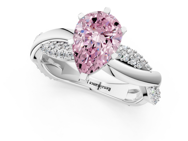 White gold Fancy Pink Pear  Solitaire Twist Band with Pave Prong Setting