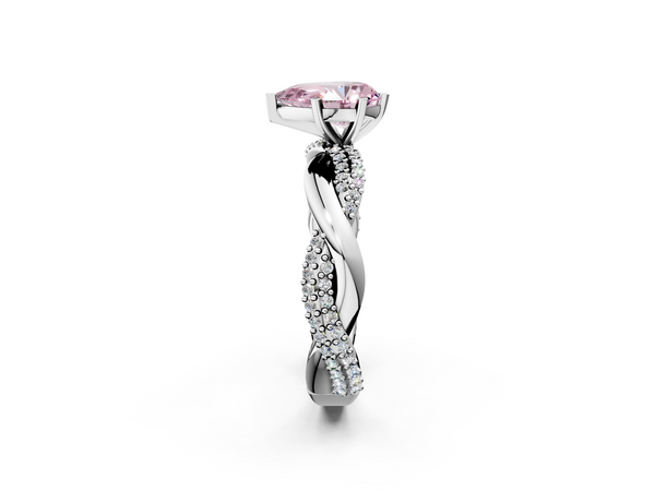 White gold Fancy Pink Pear  Solitaire Twist Band with Pave Prong Setting