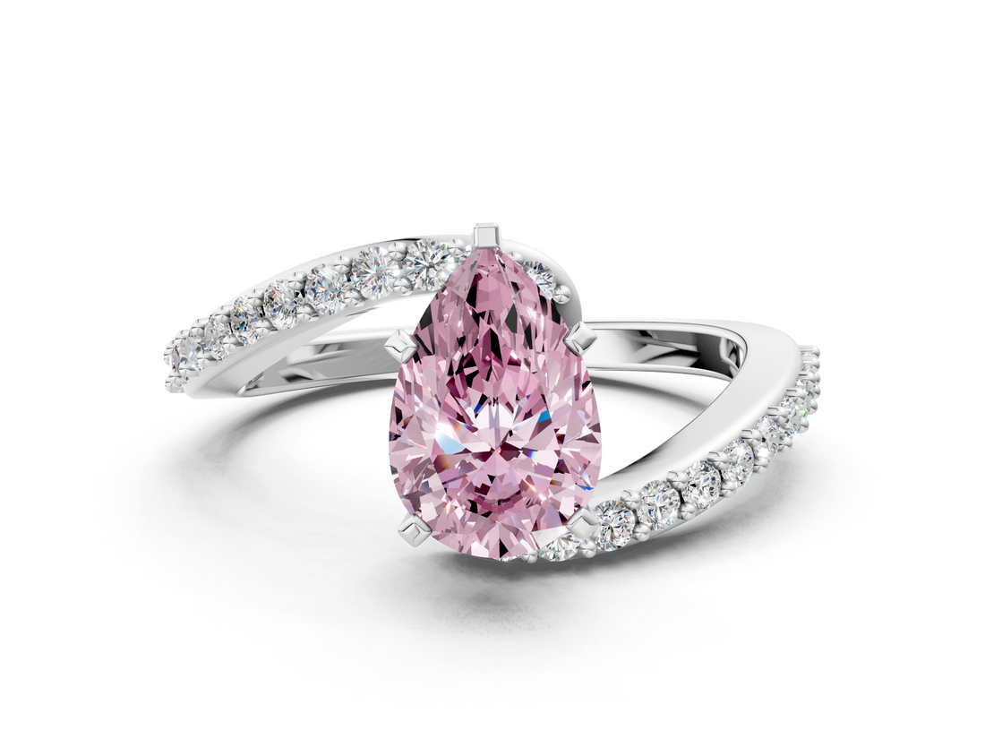 White gold Fancy Pink Pear  Solitaire Twist Band with Pave Set Diamonds and Four-Prong Setting_109
