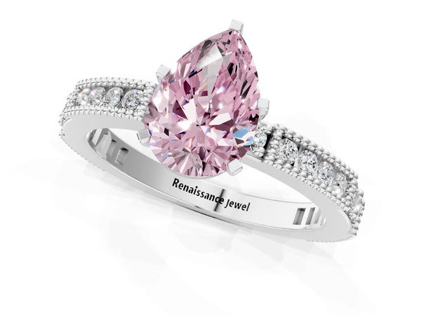 Platinum Fancy Pink Pear  Solitaire with Pavé Band and Four-Prong Setting