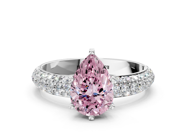 White gold Fancy Pink Pear  Diamond Solitaire Ring with Prong Setting and Pavé Band