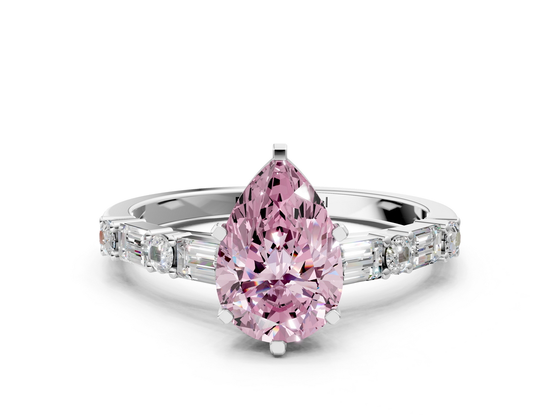 White gold Fancy Pink Pear  Solitaire with Side Baguettes and Channel Set Band_65