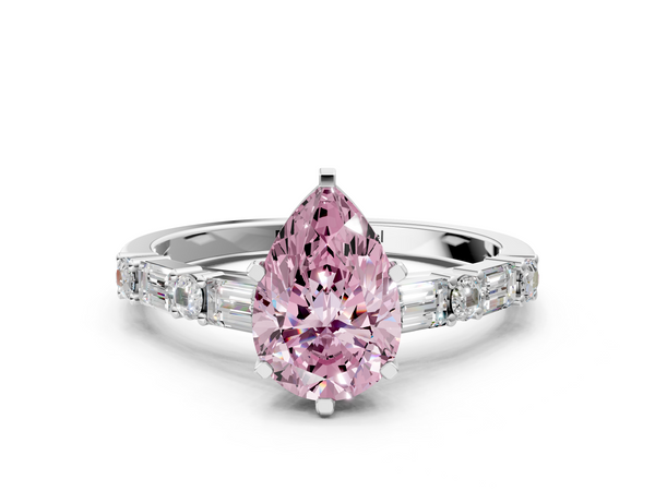 White gold Fancy Pink Pear Cut Diamond Solitaire with Side Baguettes and Channel Set Band