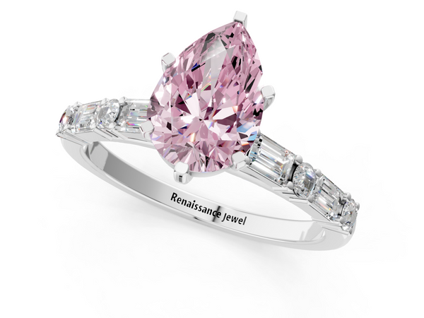 White gold Fancy Pink Pear Cut Diamond Solitaire with Side Baguettes and Channel Set Band