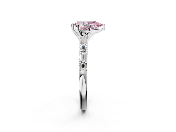White gold Fancy Pink Pear Cut Diamond Solitaire with Side Baguettes and Channel Set Band