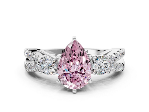 White gold Fancy Pink Pear Cut Diamond Three-Stone Ring with Pavé Split Shank and Four-Prong Setting