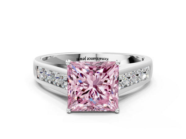 Platinum Fancy Pink Princess  Brilliant Channel-Set Solitaire Ring with Four-Prong Setting