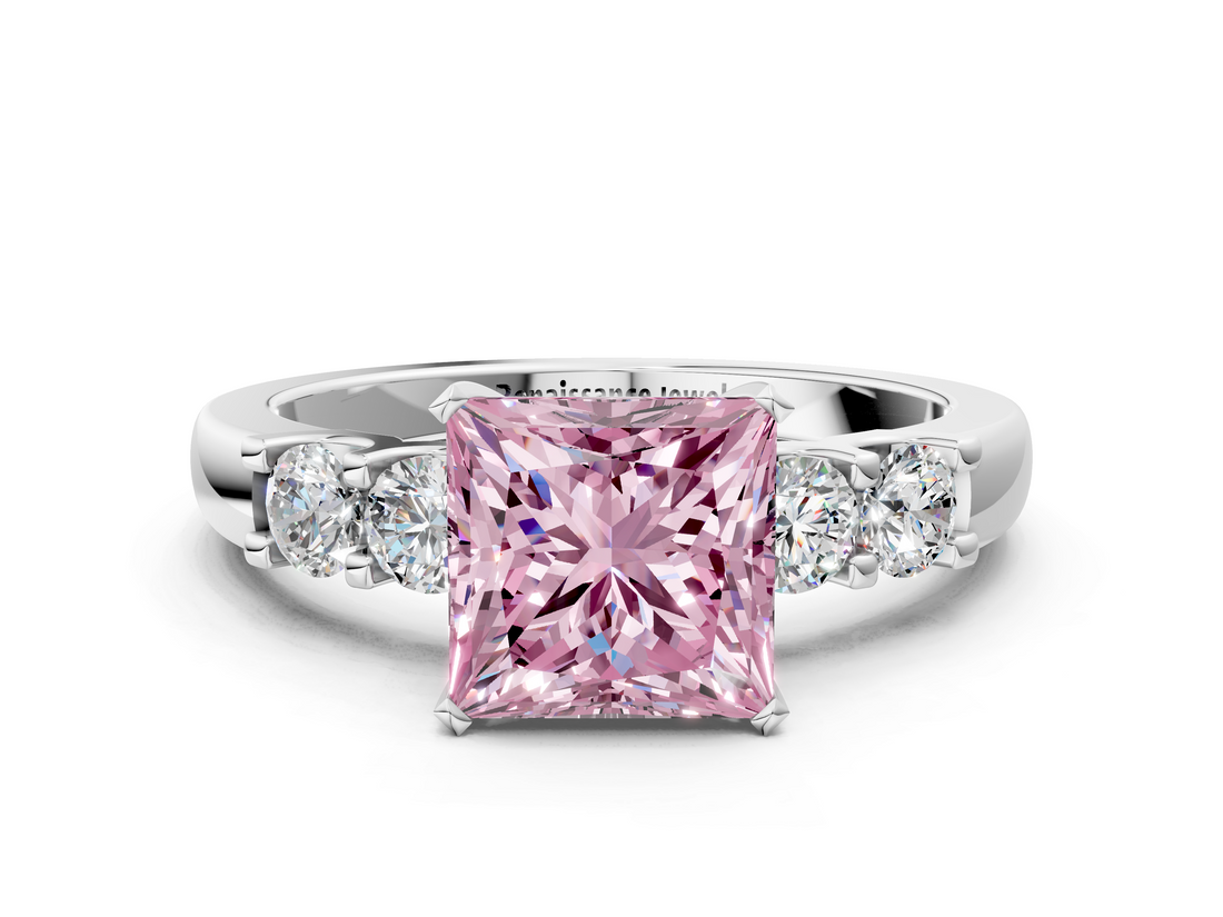 White gold Fancy Pink Princess  Brilliant Cut Diamond Five-Stone Prong Set Engagement Ring with Channel Band