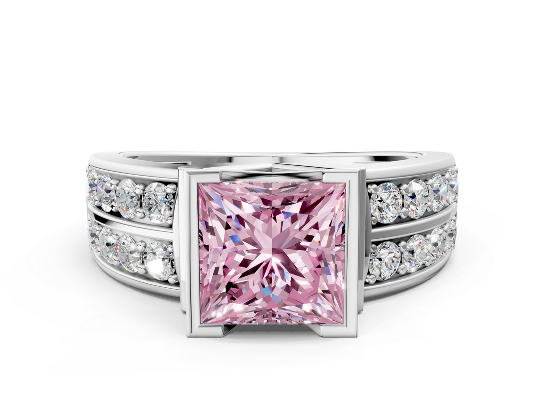 White gold Fancy Pink Princess  Brilliant Diamond Channel Set Wide Band Ring with Bezel Setting