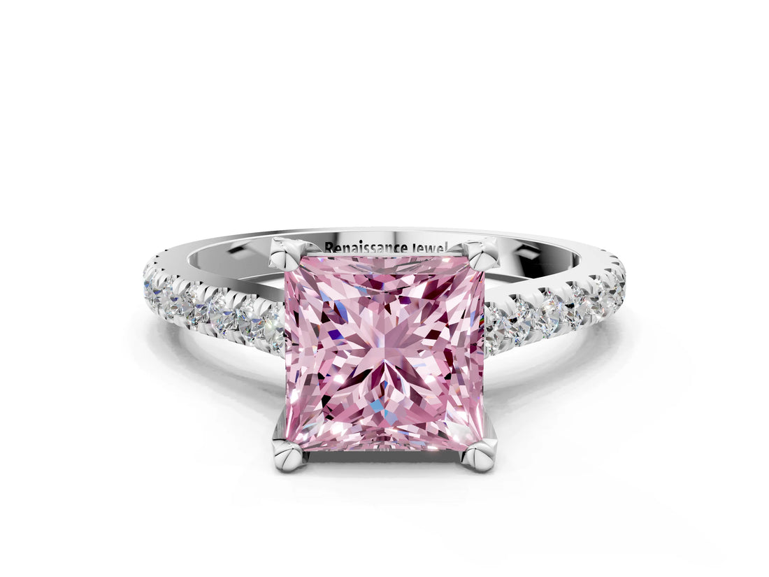White gold Fancy Pink Princess  Brilliant Diamond Solitaire with Pavé Band and Four-Prong Setting