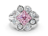 White gold Fancy Pink Princess  Brilliant Flower Halo Diamond Split Shank Ring_111