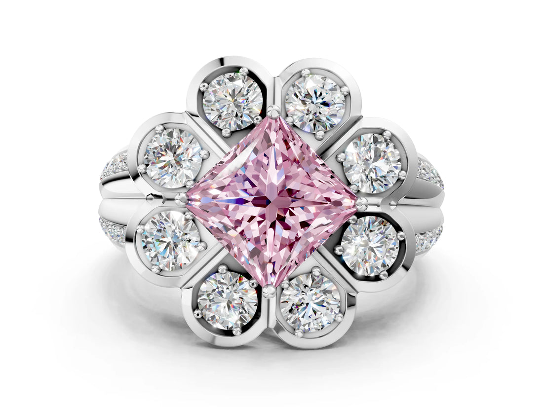 White gold Fancy Pink Princess  Brilliant Flower Halo Diamond Split Shank Ring_111
