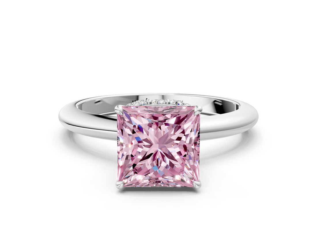 White gold Fancy Pink Princess  Brilliant Solitaire Engagement Ring with Six-Prong Setting and Classic Band