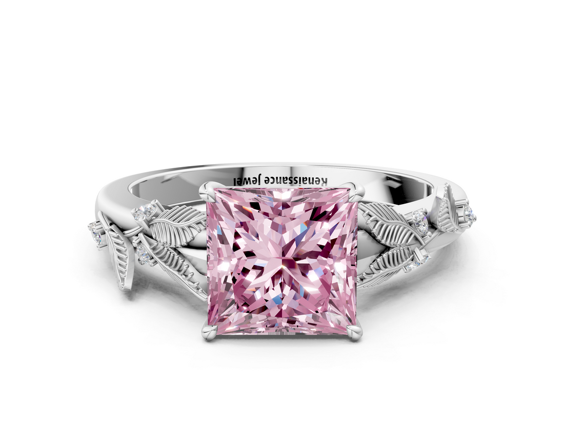 White gold Fancy Pink Princess  Brilliant Solitaire with Leaf Motif Band and Four-Prong Setting_34