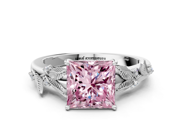 White gold Fancy Pink Princess Cut Diamond Solitaire Ring with Leaf Motif Band and Four-Prong Setting