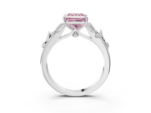 White gold Fancy Pink Princess Cut Diamond Solitaire Ring with Leaf Motif Band and Four-Prong Setting