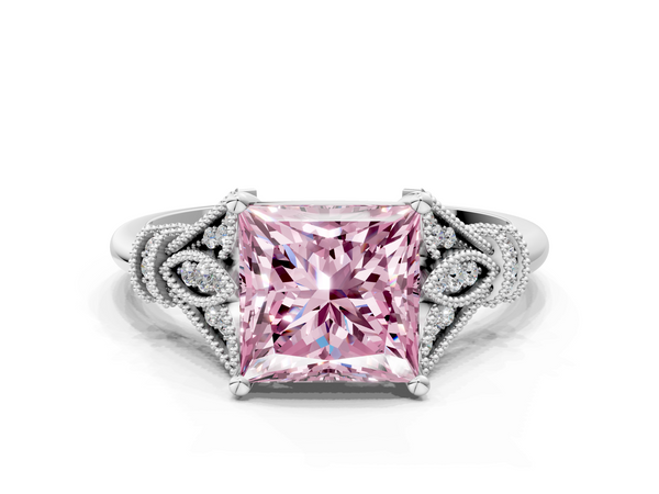 Platinum Fancy Pink Princess  Diamond Solitaire Ring with Floral Filigree and Pave Accents