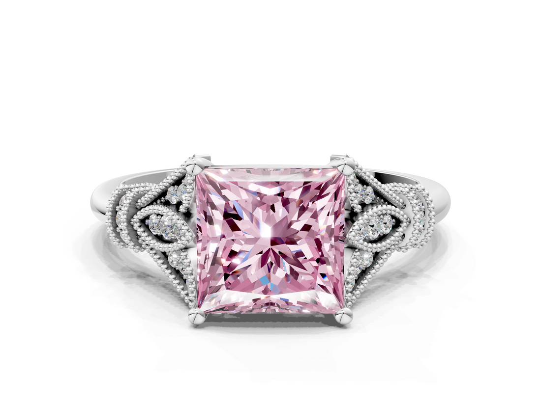 White gold Fancy Pink Princess  Brilliant Solitaire with Pave Band and Four-Prong Setting
