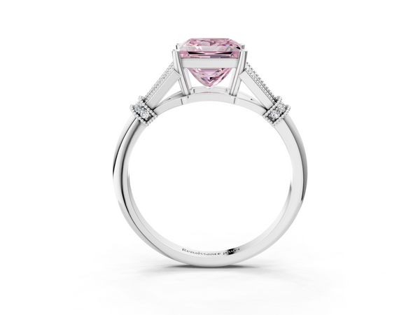 Platinum Fancy Pink Princess  Diamond Solitaire Ring with Floral Filigree and Pave Accents