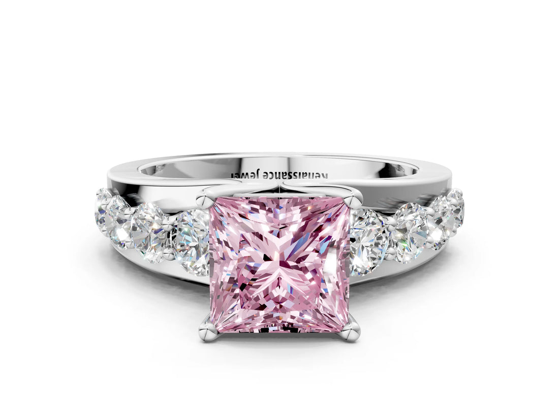 White gold Fancy Pink Princess  Brilliant Solitaire with Side Stones on a Pave Band and Four-Prong Setting_53