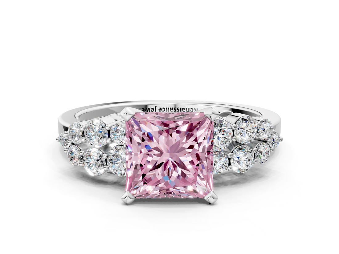 White gold Fancy Pink Princess  Cluster Diamond Engagement Ring with Pavé Band and Four-Prong Setting