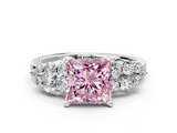 White gold Fancy Pink Princess  Cluster Diamond Engagement Ring with Pavé Band and Four-Prong Setting