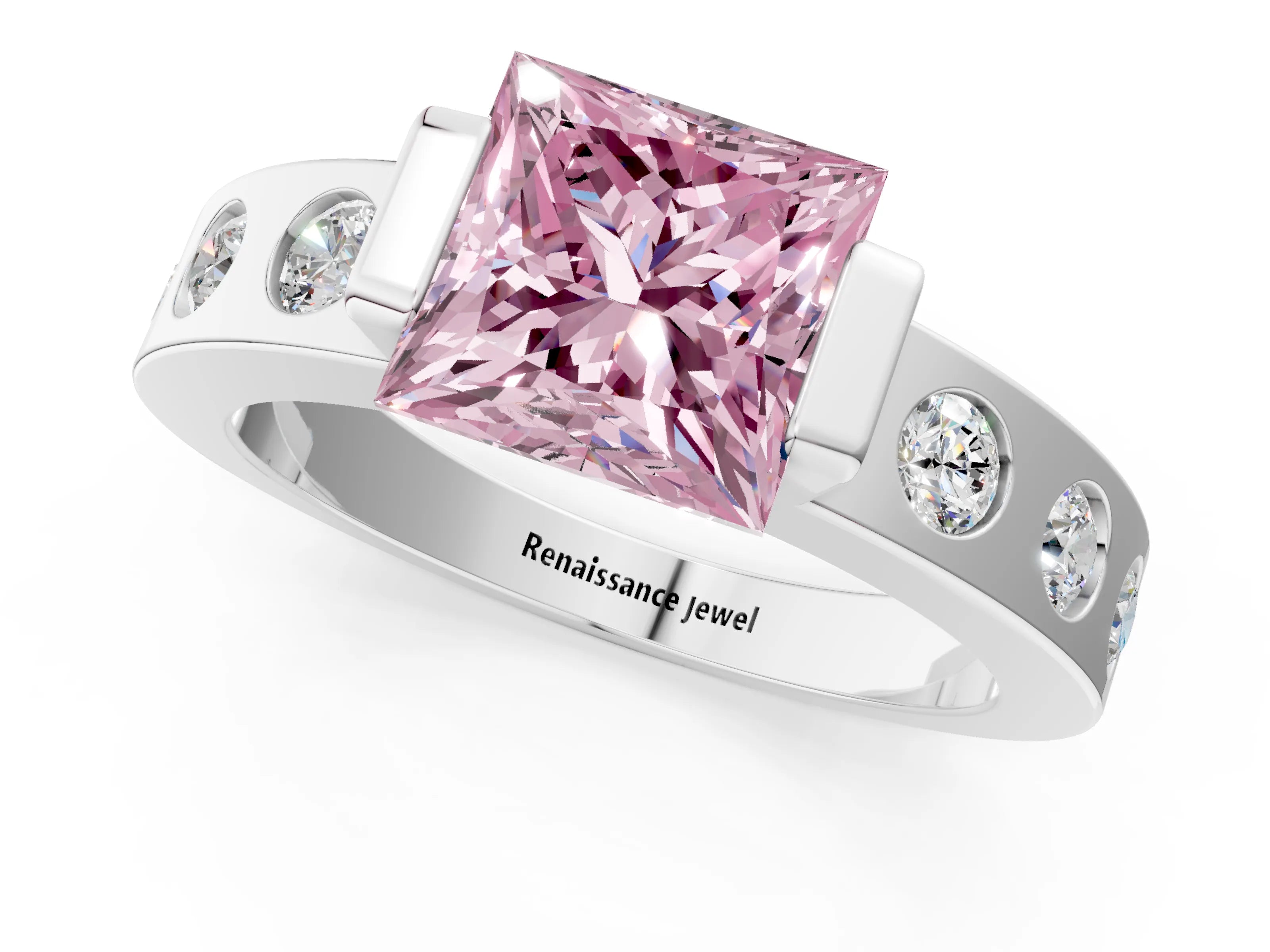 White gold Fancy Pink Princess Cut Brilliant Channel-Set Diamond Ring with Bezel Prong Setting_1