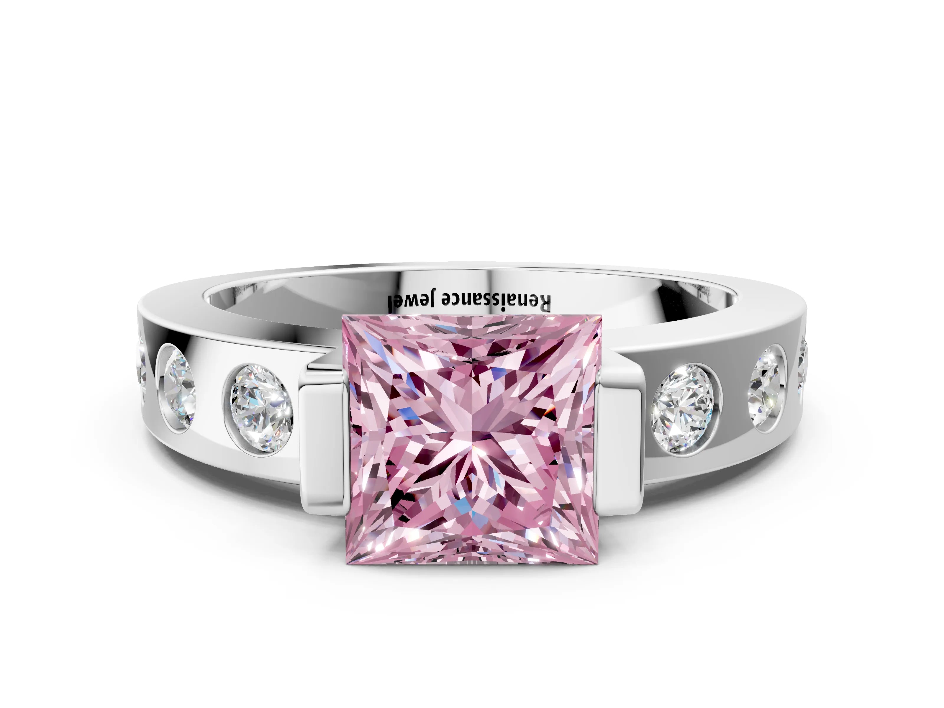 White gold Fancy Pink Princess Cut Brilliant Channel-Set Diamond Ring with Bezel Prong Setting_12