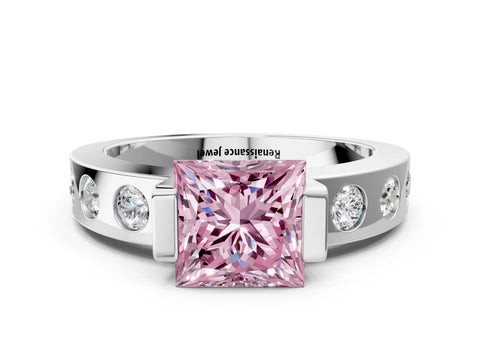White gold Fancy Pink Princess Cut Brilliant Channel-Set Diamond Ring with Bezel Prong Setting_12