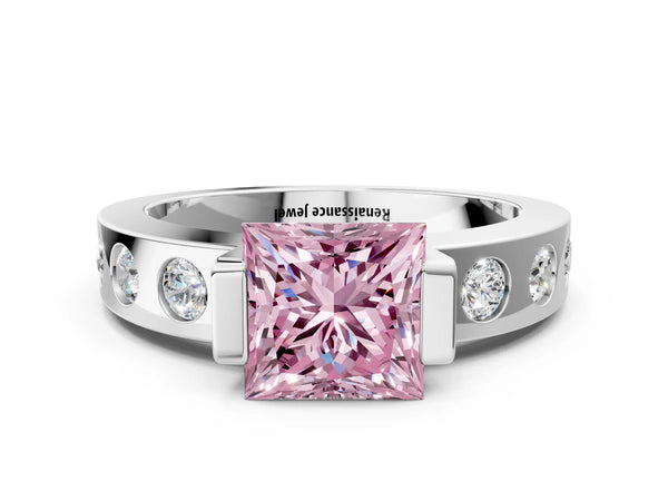 White gold Fancy Pink Princess Cut Brilliant Channel-Set Diamond Ring with Bezel Prong Setting