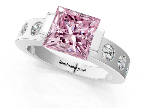 White gold Fancy Pink Princess Cut Brilliant Channel-Set Diamond Ring with Bezel Prong Setting_13