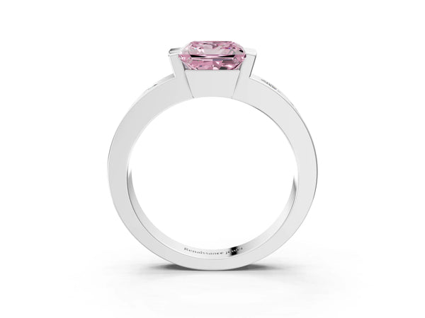 White gold Fancy Pink Princess Cut Brilliant Channel-Set Diamond Ring with Bezel Prong Setting