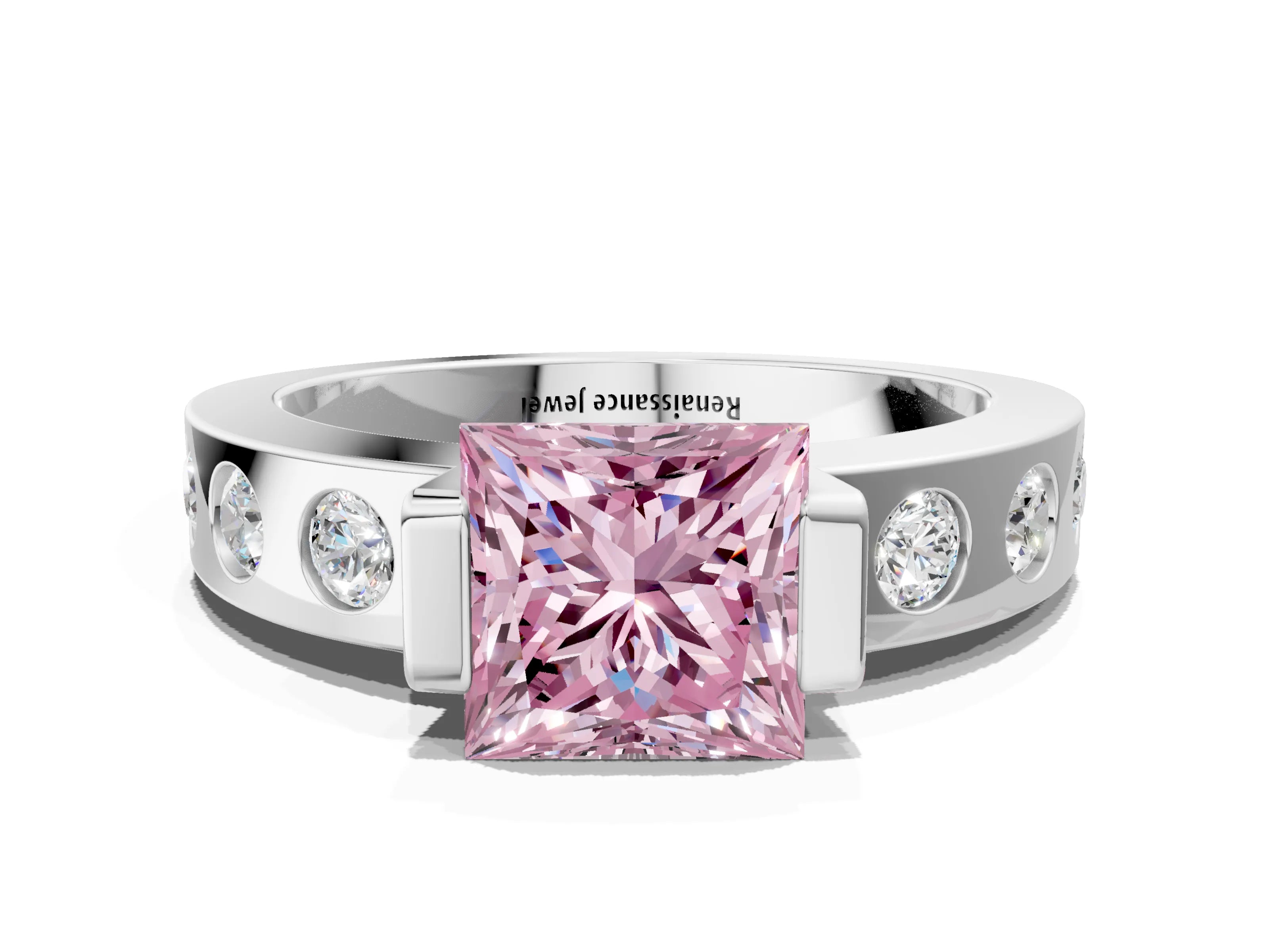 White gold Fancy Pink Princess Cut Brilliant Channel-Set Diamond Ring with Bezel Prong Setting