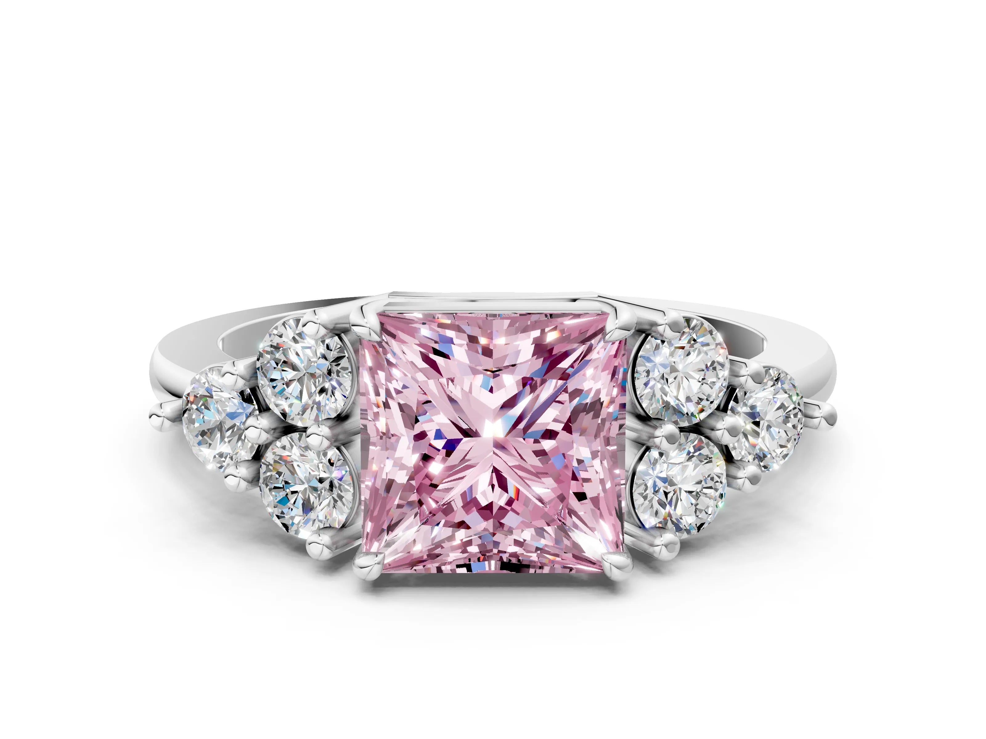 White gold Fancy Pink Princess Cut Brilliant Diamond Cluster Accent Solitaire Ring with Prong Setting