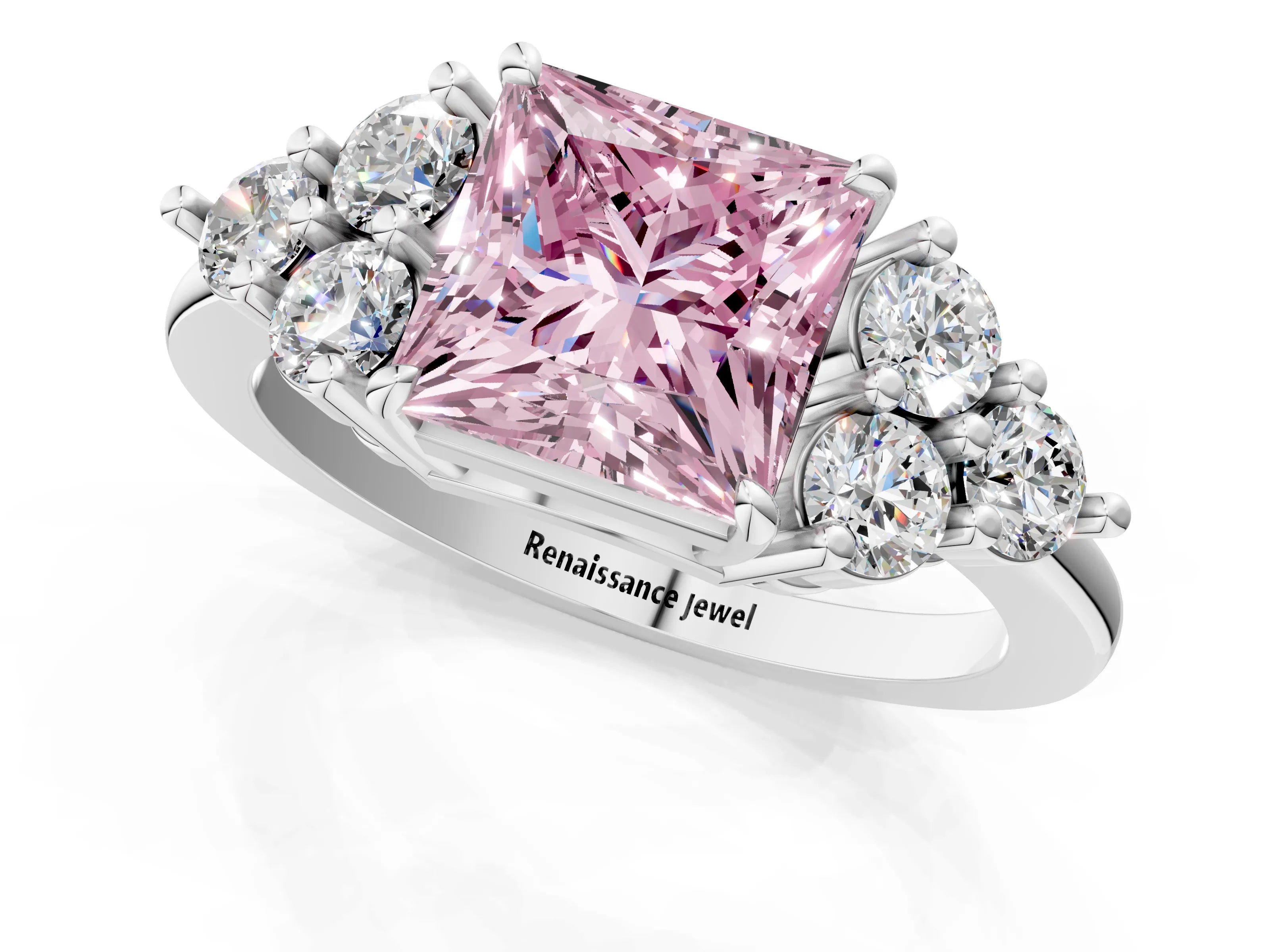 White gold Fancy Pink Princess Cut Brilliant Diamond Cluster Accent Solitaire Ring with Prong Setting_1