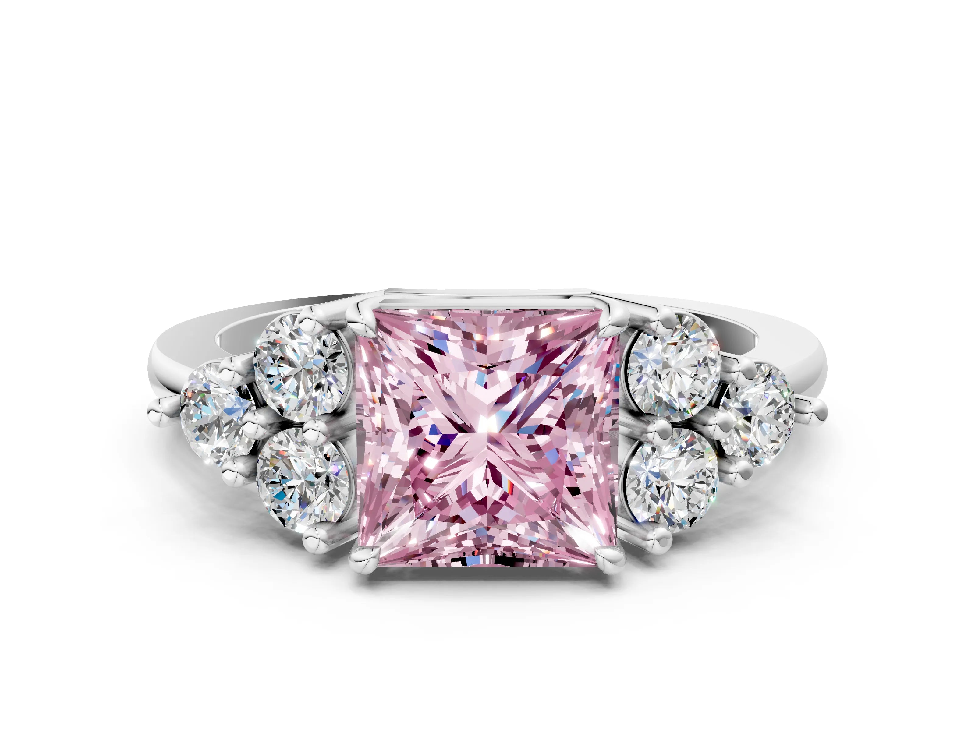 White gold Fancy Pink Princess Cut Brilliant Diamond Cluster Accent Solitaire Ring with Prong Setting_24
