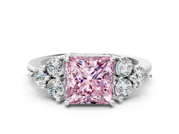 Platinum Fancy Pink Princess Cut Brilliant Diamond Cluster Accent Solitaire Ring with Prong Setting