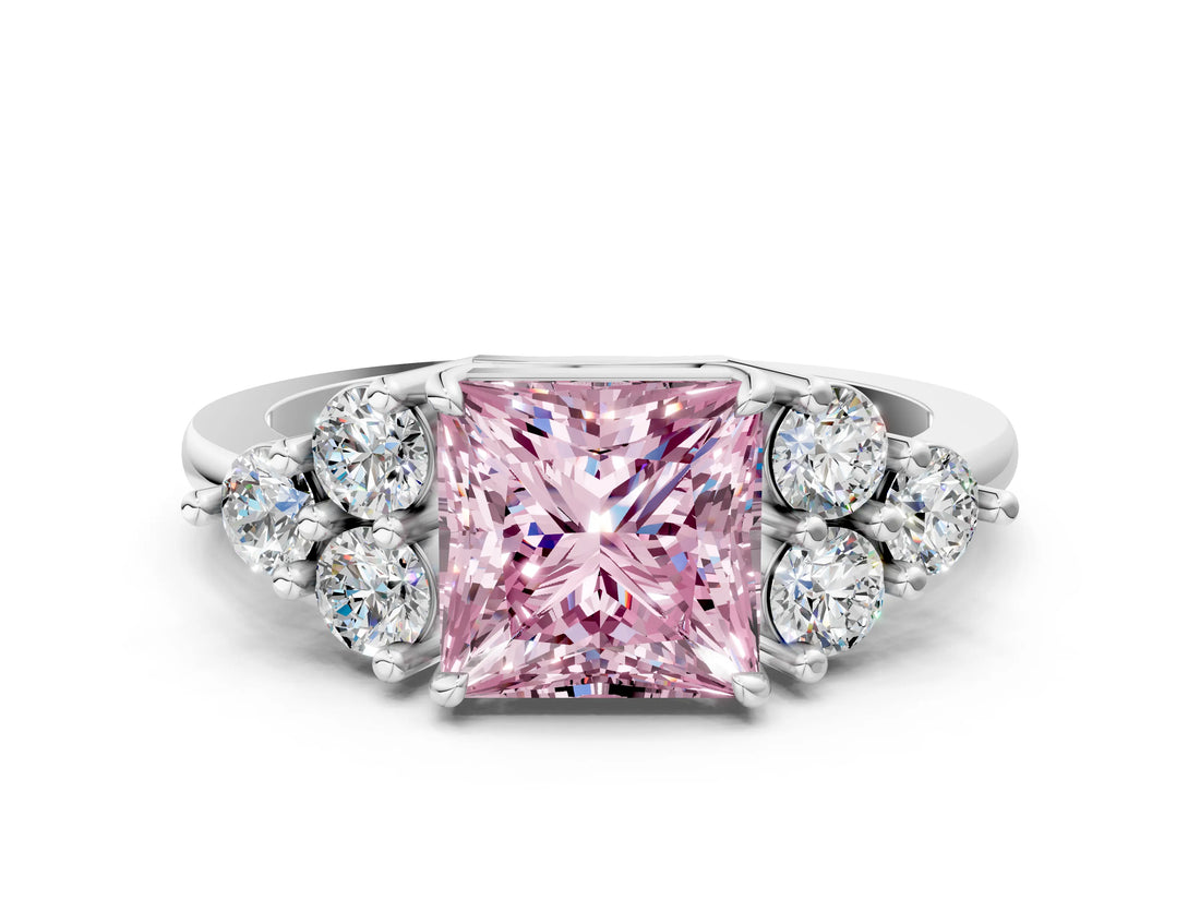 White gold Fancy Pink Princess Cut Brilliant Diamond Cluster Accent Solitaire Ring with Prong Setting_24