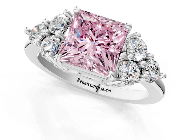 Platinum Fancy Pink Princess Cut Brilliant Diamond Cluster Accent Solitaire Ring with Prong Setting