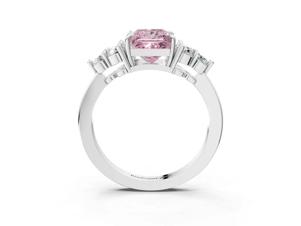 Platinum Fancy Pink Princess Cut Brilliant Diamond Cluster Accent Solitaire Ring with Prong Setting