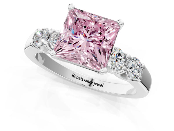 Platinum Fancy Pink Princess Cut Brilliant Diamond Five-Stone Engagement Ring with Prong Setting on a Classic Band