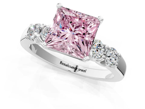 White gold Fancy Pink Princess Cut Brilliant Diamond Five-Stone Engagement Ring with Prong Setting on a Classic Band_4