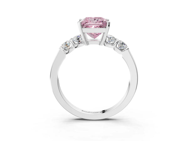 Platinum Fancy Pink Princess Cut Brilliant Diamond Five-Stone Engagement Ring with Prong Setting on a Classic Band