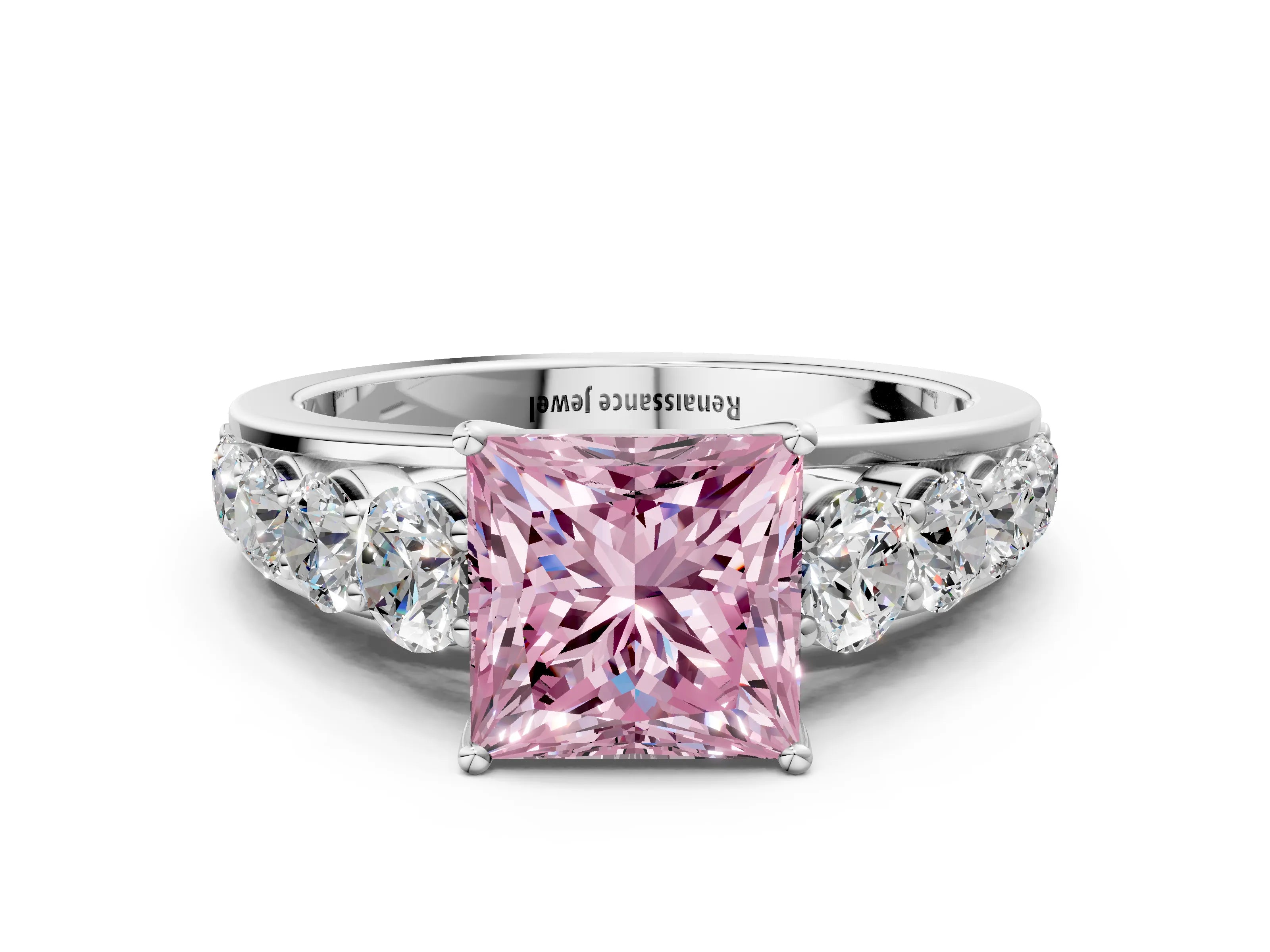 White gold Fancy Pink Princess Cut Brilliant Diamond Pavé Band with Six-Prong Setting