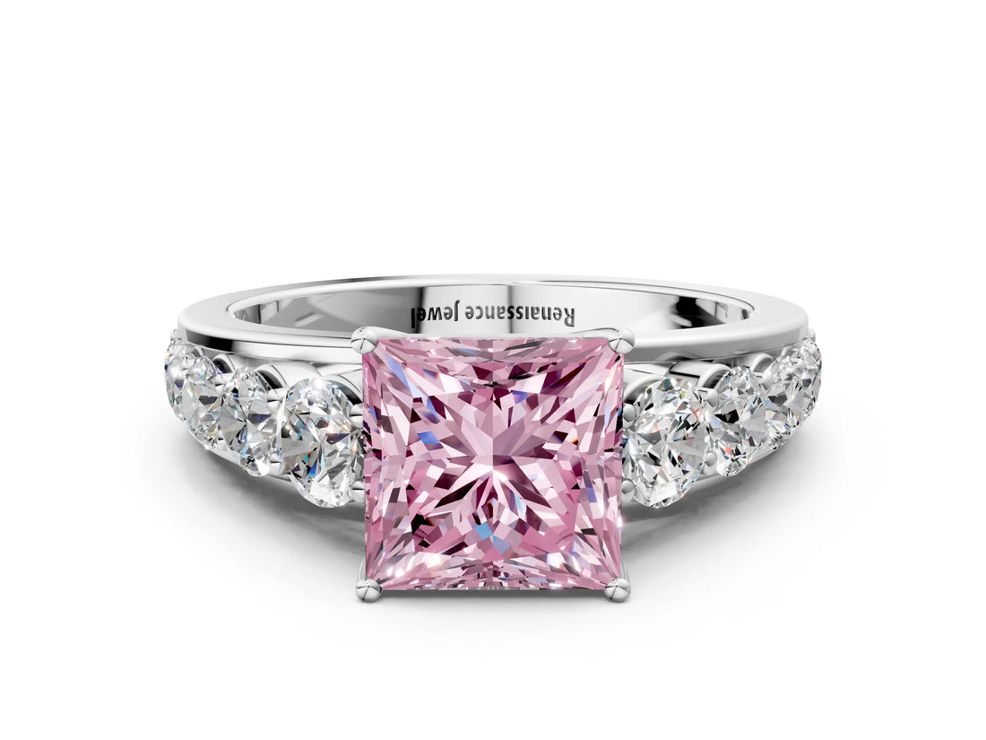 White gold Fancy Pink Princess Cut Brilliant Diamond Pavé Band with Six-Prong Setting_12
