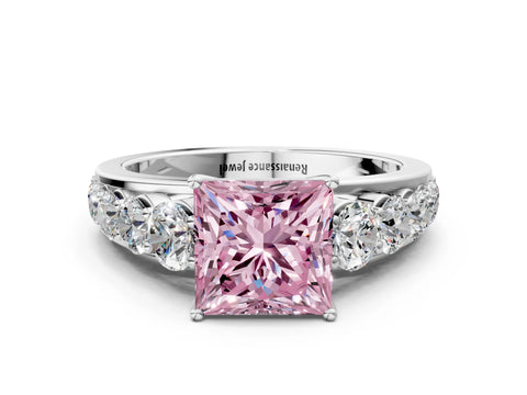 White gold Fancy Pink Princess Cut Brilliant Diamond Pavé Band with Six-Prong Setting