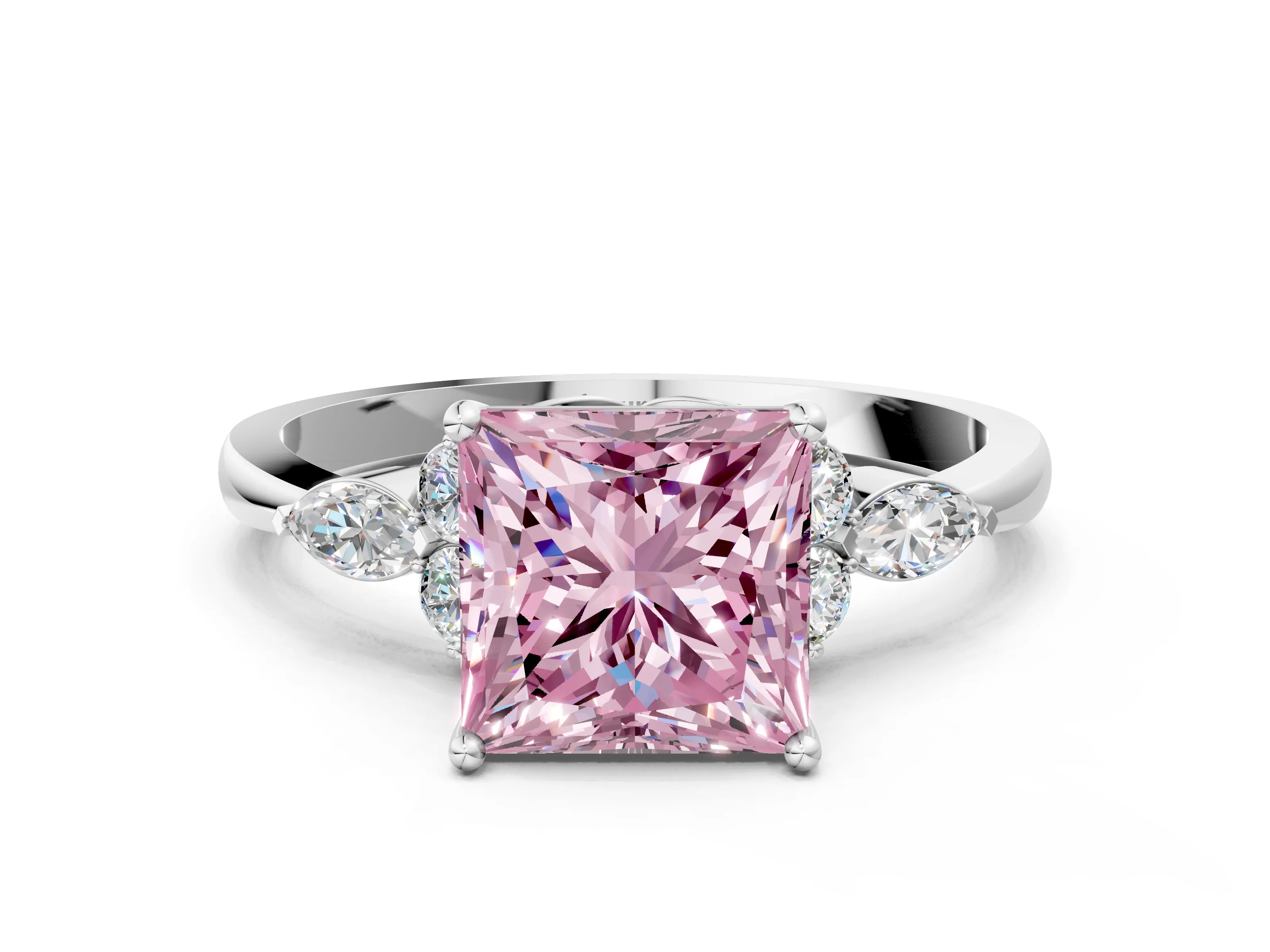White gold Fancy Pink Princess Cut Brilliant Diamond Solitaire Ring with Pear Side Stones and Four-Prong Setting_6